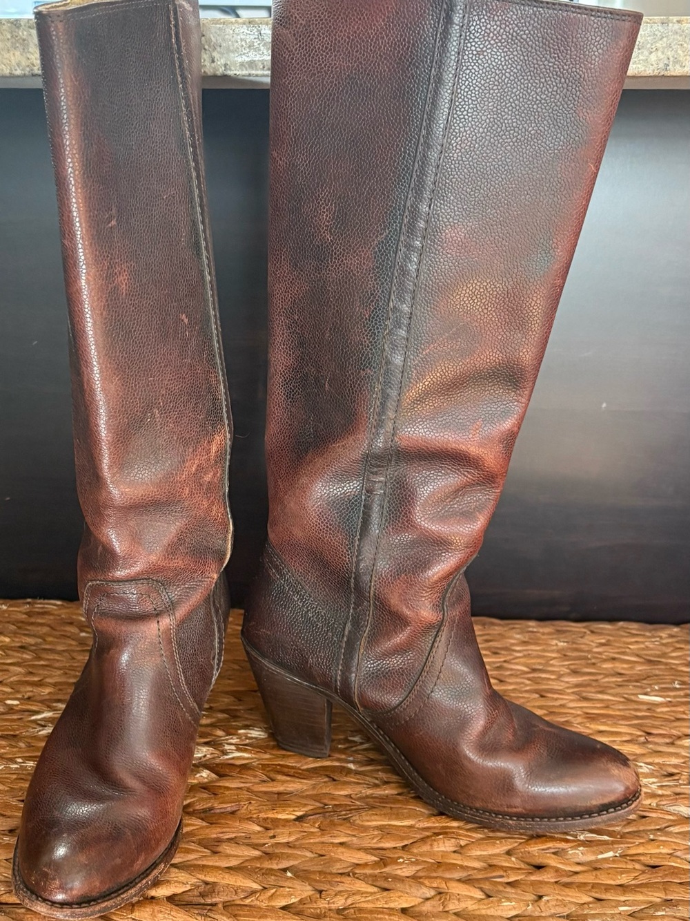 Frye Dark Brown Mustang Pull-on Western Style Leather Riding Boots